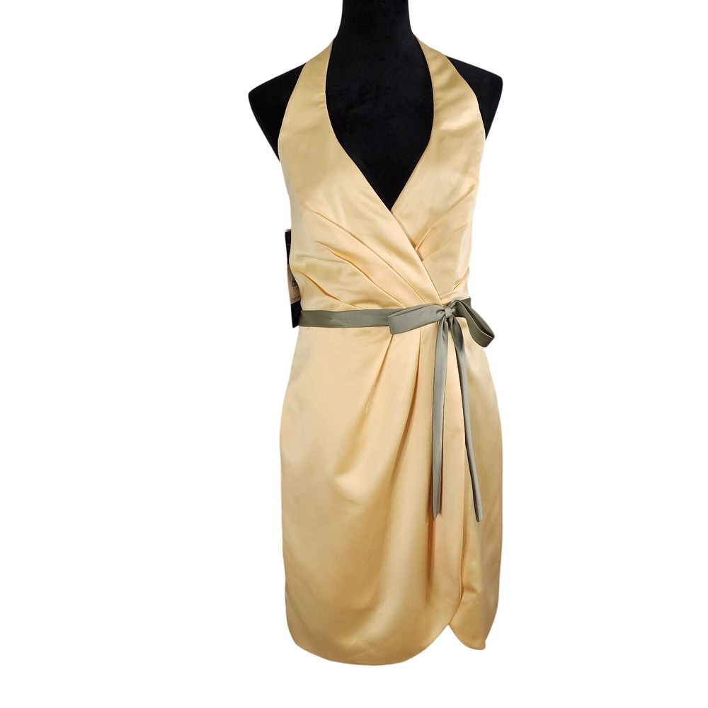 New! ALFRED ANGELO Size 12 Yellow & Celadon Satin Corset Halter Tulip Hem Prom